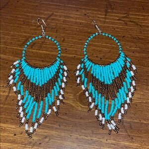 Turquoise and Brown Beaded Boho Fringe Earrings